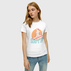 Футболка хлопковая женская Surfs Up Кот сёрфер на гребне волны, цвет: белый — фото 2