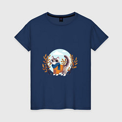 Футболка хлопковая женская Осенний кот, цвет: тёмно-синий