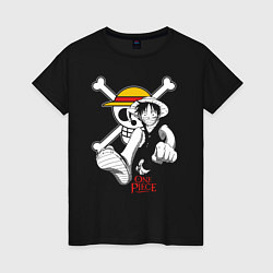 Футболка хлопковая женская Луффи пират Соломенной Шляпы One Piece, цвет: черный