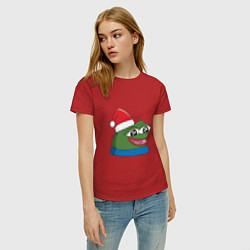 Футболка хлопковая женская Pepe, pepe happy, Пепе хеппи, pepe happy new year, цвет: красный — фото 2