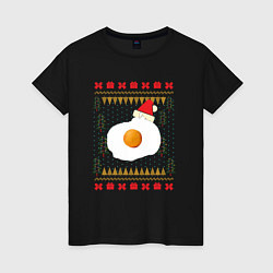 Футболка хлопковая женская Рождественский свитер Кот-яичница, цвет: черный