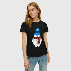 Футболка хлопковая женская Снеговик в шапочке, цвет: черный — фото 2