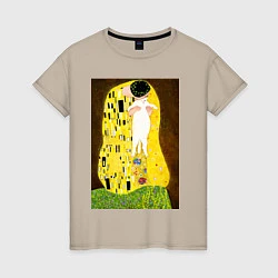 Футболка хлопковая женская Густав Климт влюблённые поцелуй с котом, цвет: миндальный