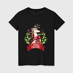 Футболка хлопковая женская Christmas Unicorn, цвет: черный