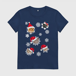 Футболка хлопковая женская Новогодние Коты в Шапках, цвет: тёмно-синий