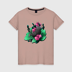 Женская футболка Котик в растениях
