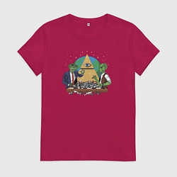 Футболка хлопковая женская Рептилоид играет в шахматы против Зеленого человеч, цвет: маджента