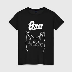 Футболка хлопковая женская Bowie Рок кот, цвет: черный
