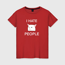 Женская футболка I hate people, текст с белым мемным котом