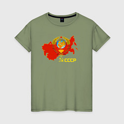 Футболка хлопковая женская Герб Карта СССР, цвет: авокадо