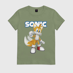 Футболка хлопковая женская Майлз Тейлз Прауэр Sonic Видеоигра, цвет: авокадо