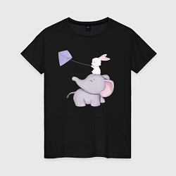 Женская футболка Милый Слонёнок и Кролик Играют С Воздушным Змеем