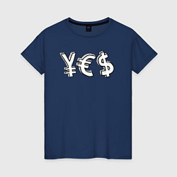 Футболка хлопковая женская YES юань, евро, доллар, цвет: тёмно-синий