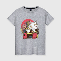 Футболка хлопковая женская Котик Самурай Samurai Cat Japanese art, цвет: меланж