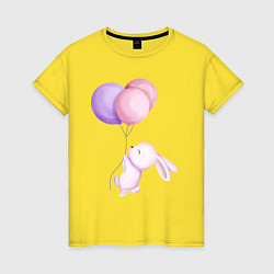 Футболка хлопковая женская Милый Крольчонок С Тремя Воздушными Шариками, цвет: желтый