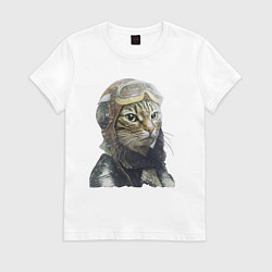 Футболка хлопковая женская Кот - пилот The pilot Cat, цвет: белый