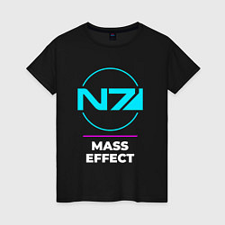 Футболка хлопковая женская Символ Mass Effect в неоновых цветах, цвет: черный