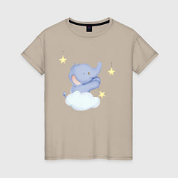 Женская футболка Милый Слонёнок Стоит На Облаке и Развешивает Звёзд