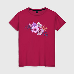 Футболка хлопковая женская Цветы Розовые Гибискус, цвет: маджента