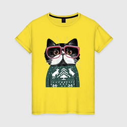 Футболка хлопковая женская Умный кот в очках в новогоднем свитере, цвет: желтый