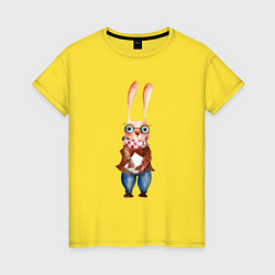 Футболка хлопковая женская Кролик в очках, цвет: желтый