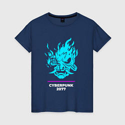 Футболка хлопковая женская Символ Cyberpunk 2077 в неоновых цветах, цвет: тёмно-синий