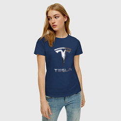Футболка хлопковая женская Tesla Logo Тесла Логотип, цвет: тёмно-синий — фото 2