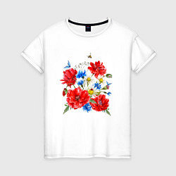 Футболка хлопковая женская Летний букет мак василек ромашка цветы лето, цвет: белый