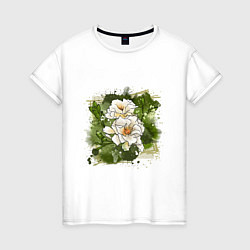 Женская футболка Нежные белые цветы на зелёном акварельном фоне