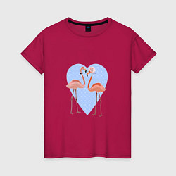 Женская футболка Розовые фламинго на фоне голубого сердца в горошек