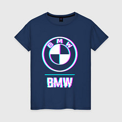Футболка хлопковая женская Значок BMW в стиле glitch, цвет: тёмно-синий