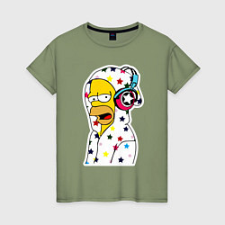 Женская футболка Гомер Симпсон в звёздном балахоне и в наушниках