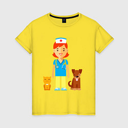 Женская футболка Ветеринар заботится о животных - пёсик и котик