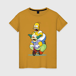 Женская футболка Гомер Симпсон и Клоун Красти едут на детском велос