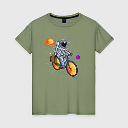 Футболка хлопковая женская Космонавт едет на велосипеде, цвет: авокадо