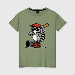 Женская футболка Крутой енот с бейсбольной битой