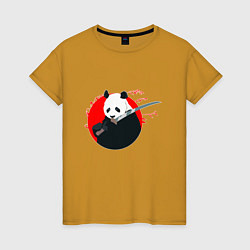 Футболка хлопковая женская Панда держит меч, цвет: горчичный