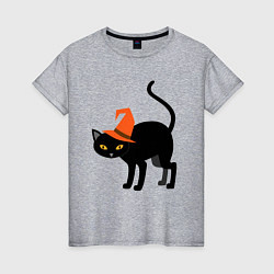 Футболка хлопковая женская Чёрный хэллоуинский котик, цвет: меланж
