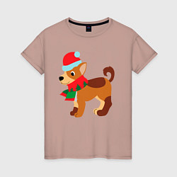 Женская футболка Праздничная собачка в шапке и шарфике