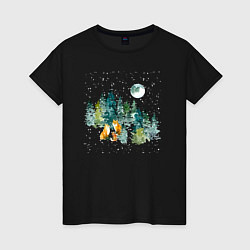 Футболка хлопковая женская Зимний лес и семья лис, цвет: черный