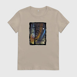 Футболка хлопковая женская Кошки на дереве и северное сияние, цвет: миндальный