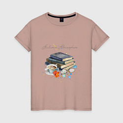 Женская футболка Autumn atmosphere with books and coffee