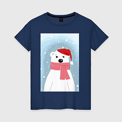 Женская футболка Мультяшный белый медведь в красной шапке с шарфом