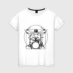 Футболка хлопковая женская Vitruvian drummer, цвет: белый