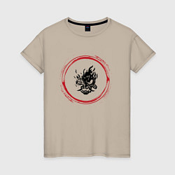 Женская футболка Символ Cyberpunk 2077 и красная краска вокруг