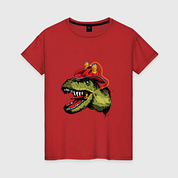 Футболка хлопковая женская Динозавр в пивной шляпе, цвет: красный