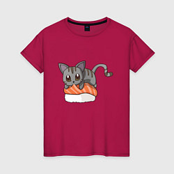 Футболка хлопковая женская Sushi cat, цвет: маджента
