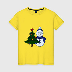 Женская футболка Снеговик и новогодняя елка