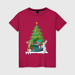 Женская футболка Кролики елка и мешок подарков