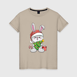 Футболка хлопковая женская Новогодний кролик с елочкой, цвет: миндальный